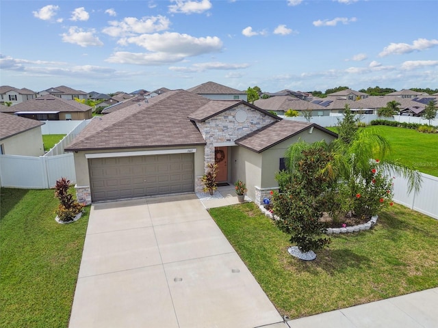 13603 Wild Ginger St, Riverview, FL 33579 - ranch-style house with an attached garage, a residential view, stone siding, concrete driveway, and stucco siding