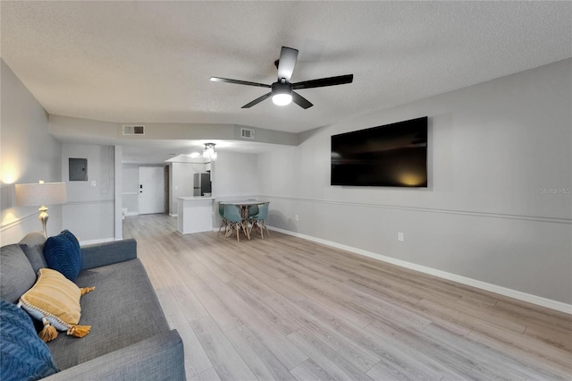 1028 Apollo Beach Blvd Unit 21, Apollo Beach, FL 33572 - living area with a textured ceiling, light wood-type flooring, a ceiling fan, baseboards, and electric panel