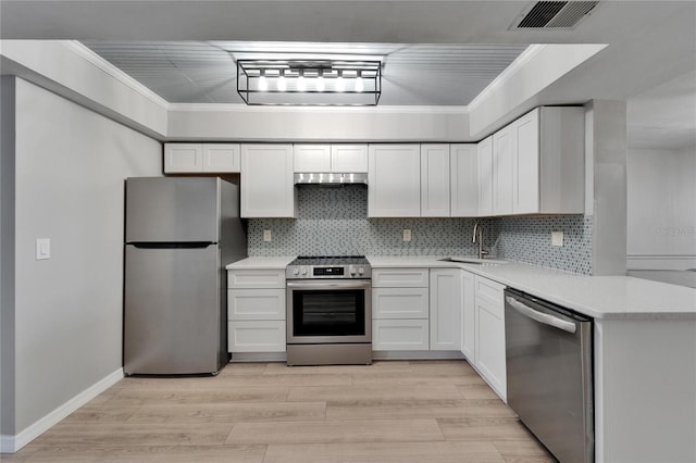 1028 Apollo Beach Blvd Unit 21, Apollo Beach, FL 33572 - kitchen featuring stainless steel appliances, light countertops, a sink, crown molding, and light wood-style flooring