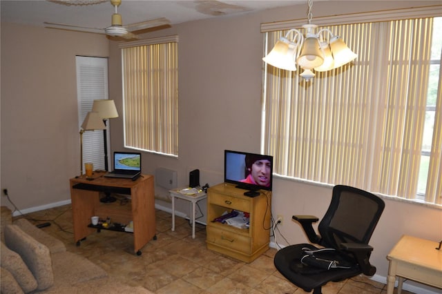 2463 Brazilia Dr Unit 43, Clearwater, FL 33763 - office area with a chandelier, ceiling fan, and baseboards