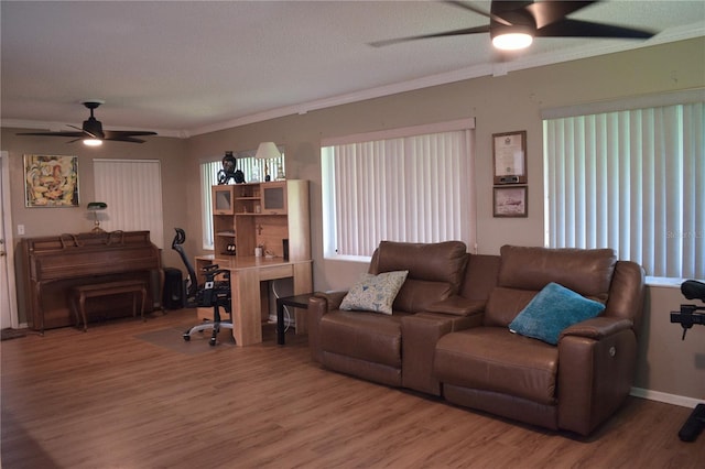 9639 Mainlands Blvd E, Pinellas Park, FL 33782 - living room featuring ceiling fan, wood finished floors, ornamental molding, a textured ceiling, and an office area