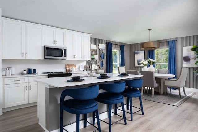 6236 SW 95th Pl, Ocala, FL 34476 - kitchen with stainless steel microwave, light wood-style floors, light countertops, white cabinetry, and black range with electric cooktop