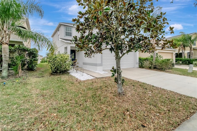 1107 Seminole Sky Dr, Ruskin, FL 33570 - view of property hidden behind natural elements featuring driveway, stucco siding, a front lawn, and a garage