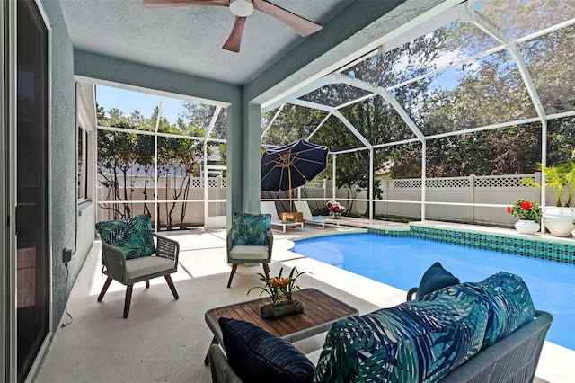 16206 Nottingham Park Way, Tampa, FL 33647 - view of pool with a patio, a fenced backyard, a ceiling fan, and a lanai