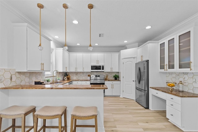16206 Nottingham Park Way, Tampa, FL 33647 - kitchen with stainless steel appliances, a peninsula, light wood-style flooring, a sink, and tasteful backsplash