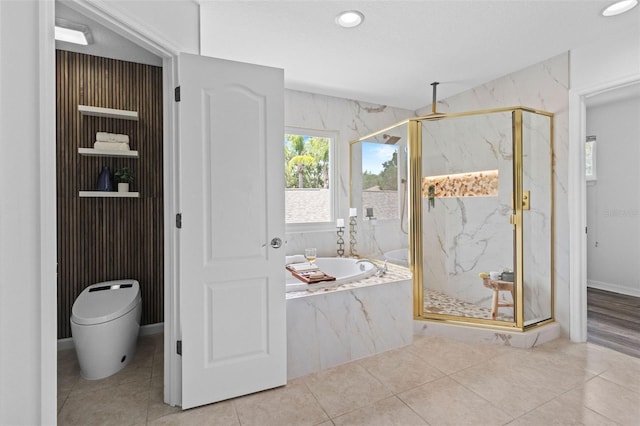 16206 Nottingham Park Way, Tampa, FL 33647 - bathroom featuring a marble finish shower, a garden tub, tile patterned floors, recessed lighting, and toilet