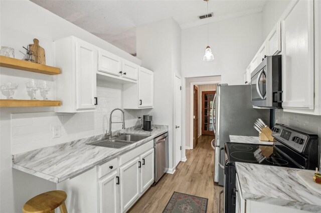 kitchen with appliances with stainless steel finishes, a sink, white cabinets, and tasteful backsplash