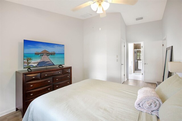bedroom with wood finished floors and ceiling fan