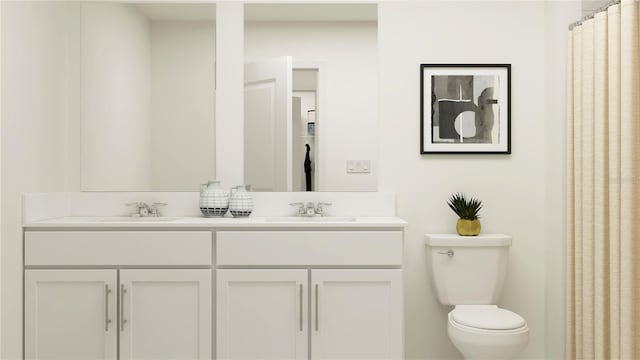 bathroom with toilet and double vanity
