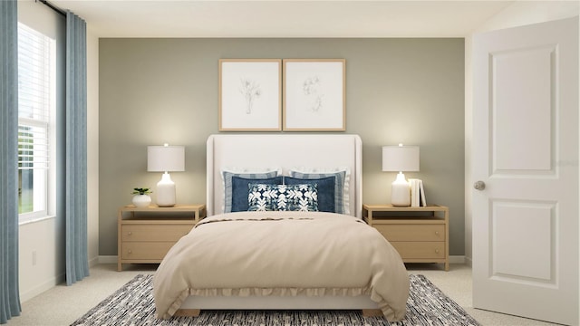 bedroom featuring light carpet, baseboards, and multiple windows