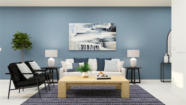 living area with baseboards and arched walkways