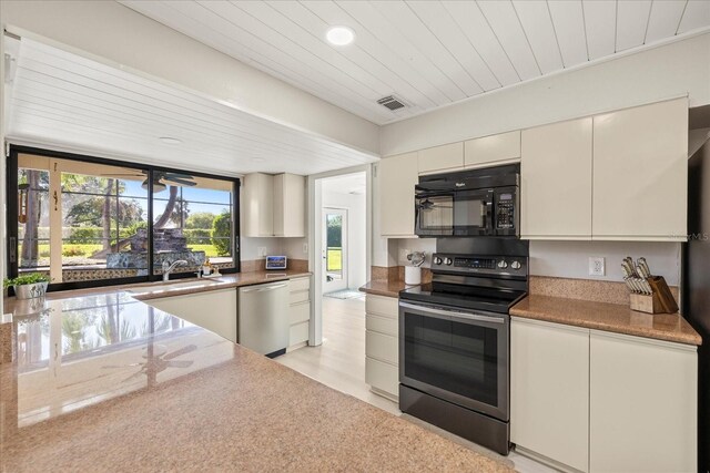 2886 Green Meadow Ct, Clearwater, FL 33761 - kitchen featuring stainless steel appliances, wooden ceiling, recessed lighting, a sink, and white cabinetry