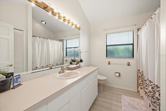 2886 Green Meadow Ct, Clearwater, FL 33761 - full bathroom with lofted ceiling, toilet, wood finished floors, vanity, and baseboards