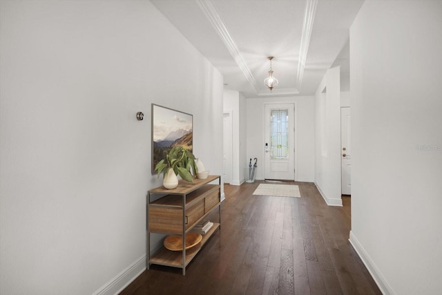 5547 Silver Sun Dr, Apollo Beach, FL 33572 - foyer with dark wood finished floors, baseboards, and crown molding