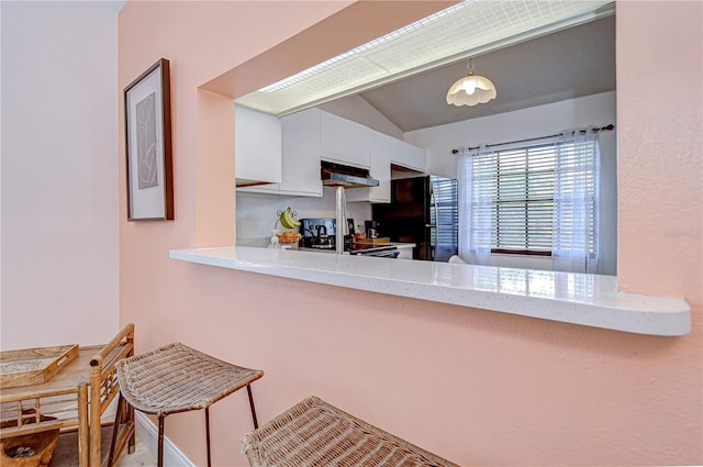 2139 Elm St Unit 308, Dunedin, FL 34698 - kitchen with freestanding refrigerator, electric range, vaulted ceiling, under cabinet range hood, and white cabinetry