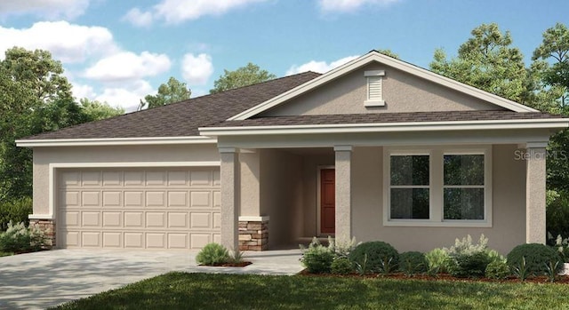 2415 Slippery Rock St, Auburndale, FL 33823 - view of front of property with a garage, driveway, stucco siding, roof with shingles, and stone siding