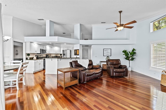 16804 Windsor Park Dr, Lutz, FL 33549 - living area with a high ceiling, a ceiling fan, and wood-type flooring