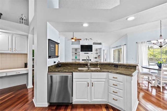 16804 Windsor Park Dr, Lutz, FL 33549 - kitchen with dishwasher, a sink, dark wood-type flooring, white cabinets, and ceiling fan