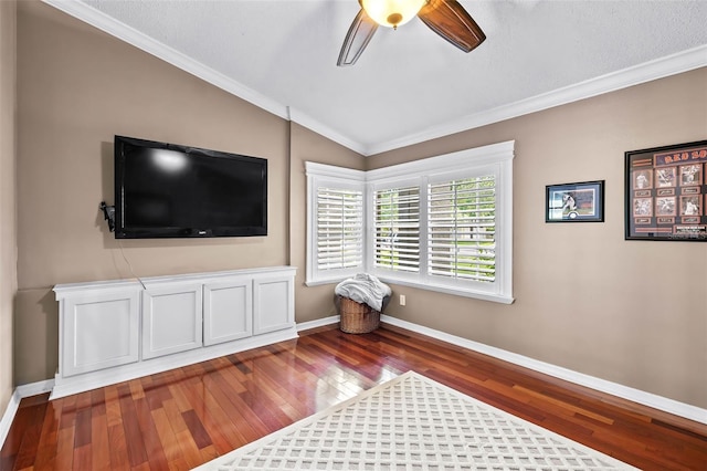 16804 Windsor Park Dr, Lutz, FL 33549 - sitting room with hardwood / wood-style flooring, ornamental molding, ceiling fan, baseboards, and vaulted ceiling