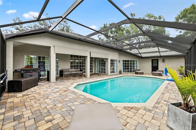 16804 Windsor Park Dr, Lutz, FL 33549 - outdoor pool featuring an outdoor hangout area, a patio, a lanai, and area for grilling