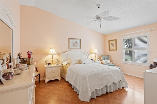 2121 Escobar Ave, Lady Lake, FL 32159 - bedroom featuring lofted ceiling, a textured ceiling, baseboards, and ceiling fan