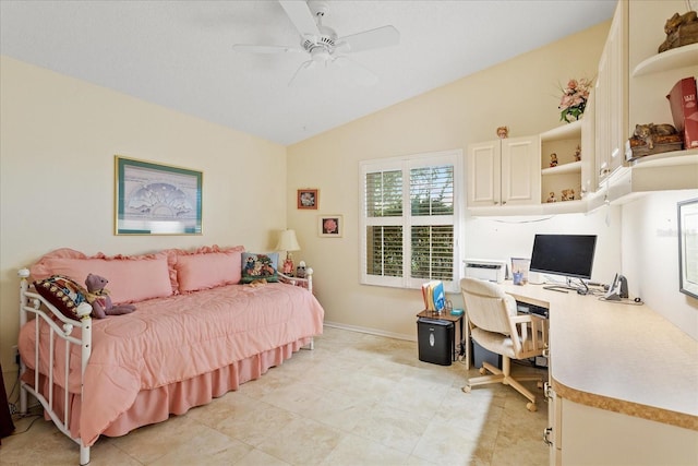2121 Escobar Ave, Lady Lake, FL 32159 - bedroom featuring an office area, lofted ceiling, ceiling fan, baseboards, and light tile patterned floors