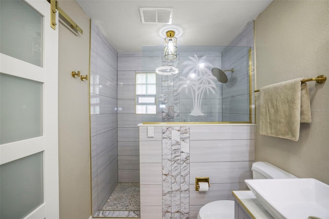full bathroom featuring toilet, walk in shower, and vanity