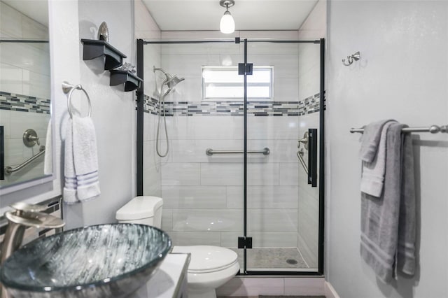 full bath featuring a sink, toilet, and a shower stall