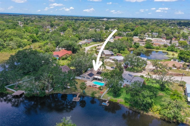 drone / aerial view of a large body of water and a forest