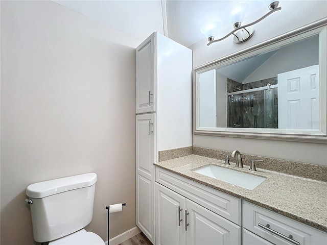 2695 N Seabreeze Pt Unit I1, Crystal River, FL 34429 - full bathroom with toilet, vanity, a stall shower, and lofted ceiling