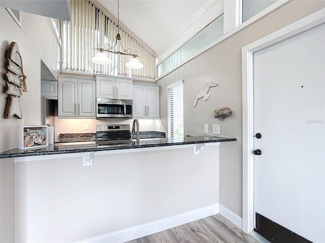 2695 N Seabreeze Pt Unit I1, Crystal River, FL 34429 - kitchen featuring stainless steel appliances, dark stone counters, a kitchen breakfast bar, light wood-style flooring, and lofted ceiling