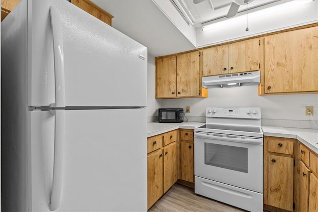 39650 US Highway 19 N Unit 553, Tarpon Springs, FL 34689 - kitchen featuring white appliances, under cabinet range hood, light wood-style flooring, and light countertops