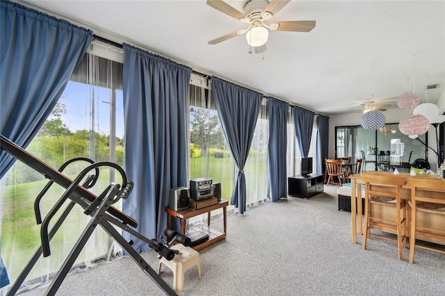 dining space with ceiling fan, plenty of natural light, and carpet