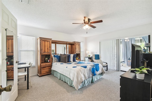 bedroom featuring access to exterior, light carpet, multiple windows, and a textured ceiling