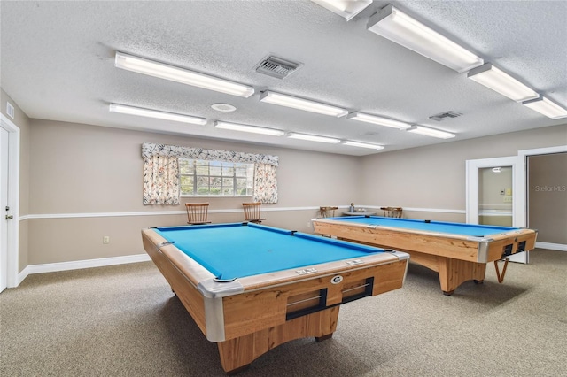 recreation room with a textured ceiling, billiards, carpet, and baseboards