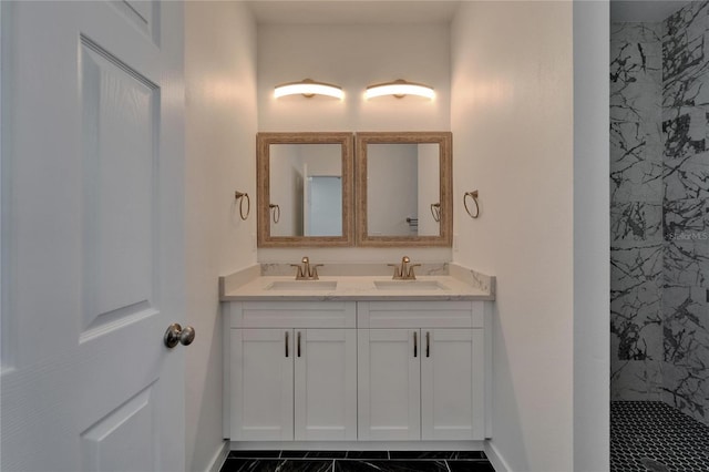 6097 Vermont Ave, New Port Richey, FL 34653 - bathroom featuring double vanity, a marble finish shower, and baseboards