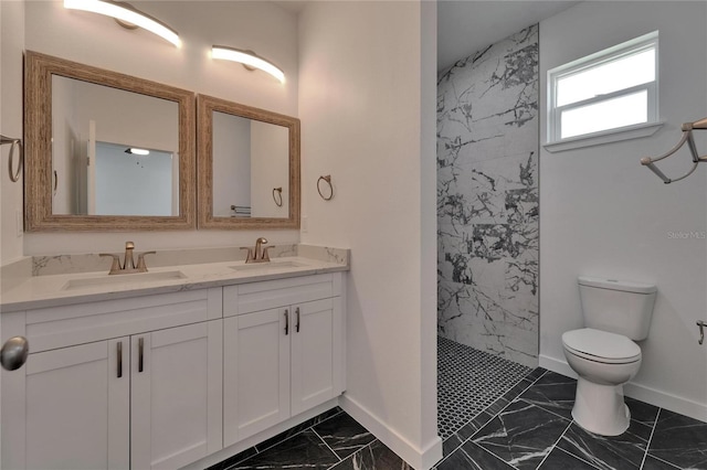6097 Vermont Ave, New Port Richey, FL 34653 - bathroom featuring marble look tiles, toilet, baseboards, a tile shower, and double vanity