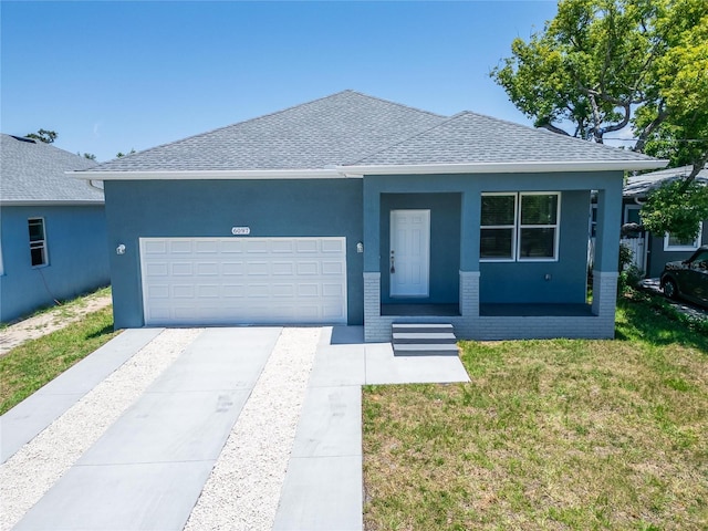 6097 Vermont Ave, New Port Richey, FL 34653 - view of front of home with a shingled roof, a front yard, an attached garage, concrete driveway, and stucco siding