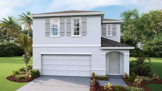 36123 Sunflower Hill Dr, Zephyrhills, FL 33541 - view of front facade featuring a garage, a front lawn, driveway, and roof with shingles