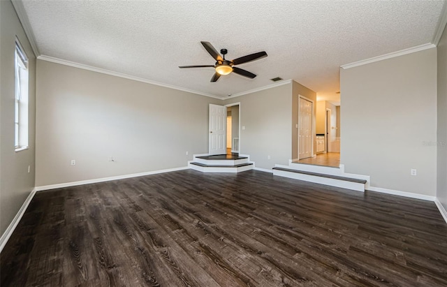 1712 Crossvine Ct, Trinity, FL 34655 - unfurnished living room with dark wood-style flooring, a ceiling fan, a textured ceiling, and crown molding
