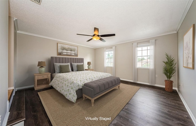 1712 Crossvine Ct, Trinity, FL 34655 - bedroom featuring dark wood-style floors, a textured ceiling, crown molding, and ceiling fan