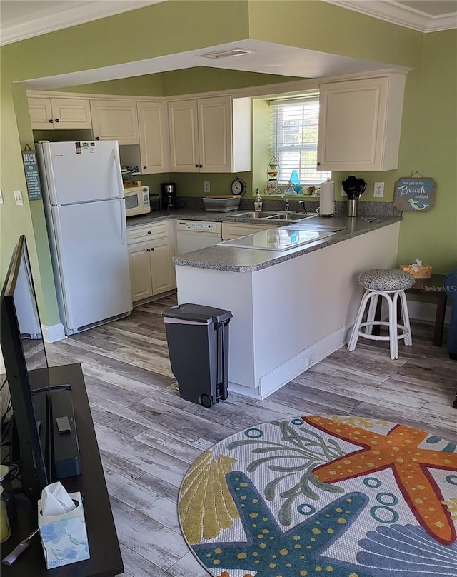17960 Gulf Blvd Unit 101, Redington Shores, FL 33708 - kitchen with white appliances, a peninsula, crown molding, light wood-type flooring, and a sink