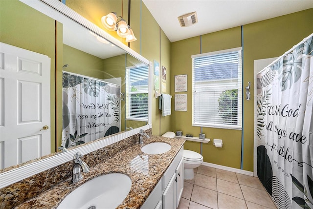 14042 Marlberry Way, Odessa, FL 33556 - bathroom with toilet, tile patterned floors, baseboards, double vanity, and a shower with shower curtain