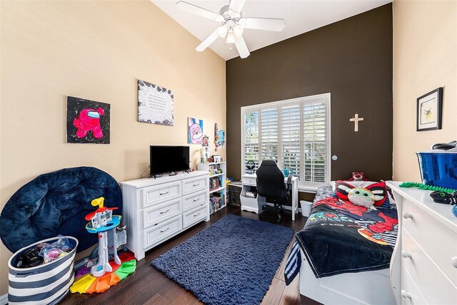 14042 Marlberry Way, Odessa, FL 33556 - bedroom featuring high vaulted ceiling, dark wood finished floors, an office area, and a ceiling fan