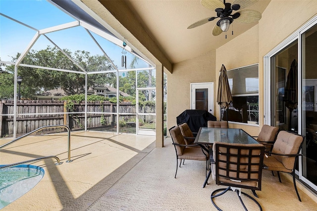 14042 Marlberry Way, Odessa, FL 33556 - sunroom featuring vaulted ceiling, a ceiling fan, and outdoor dining space