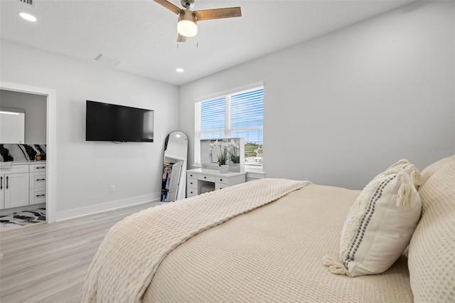 bedroom with light wood-style floors, baseboards, recessed lighting, and ceiling fan