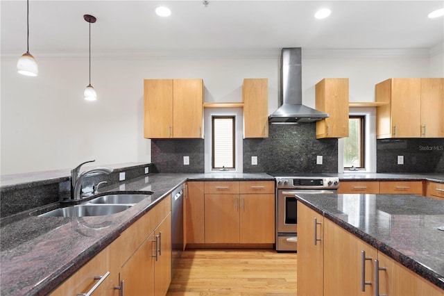 512 S Glen Ave, Tampa, FL 33609 - kitchen with wall chimney range hood, appliances with stainless steel finishes, ornamental molding, pendant lighting, and a sink