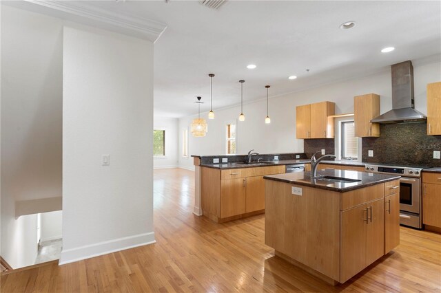 512 S Glen Ave, Tampa, FL 33609 - kitchen featuring stainless steel appliances, wall chimney range hood, a sink, a peninsula, and tasteful backsplash
