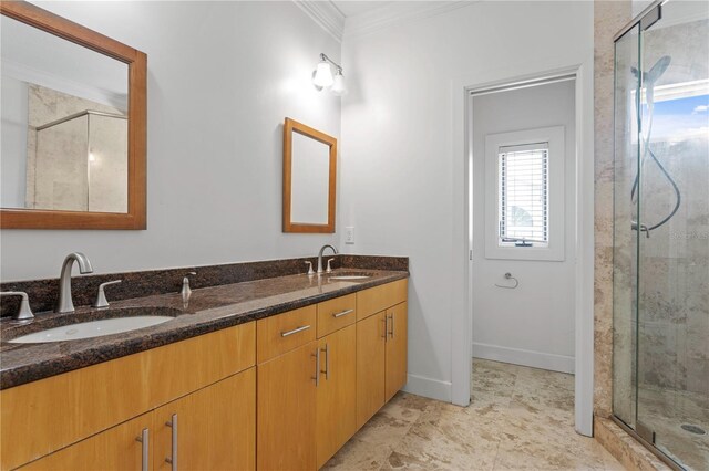 512 S Glen Ave, Tampa, FL 33609 - bathroom with crown molding, healthy amount of natural light, a shower stall, double vanity, and baseboards