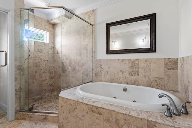 512 S Glen Ave, Tampa, FL 33609 - bathroom featuring crown molding, a whirlpool tub, and a stall shower